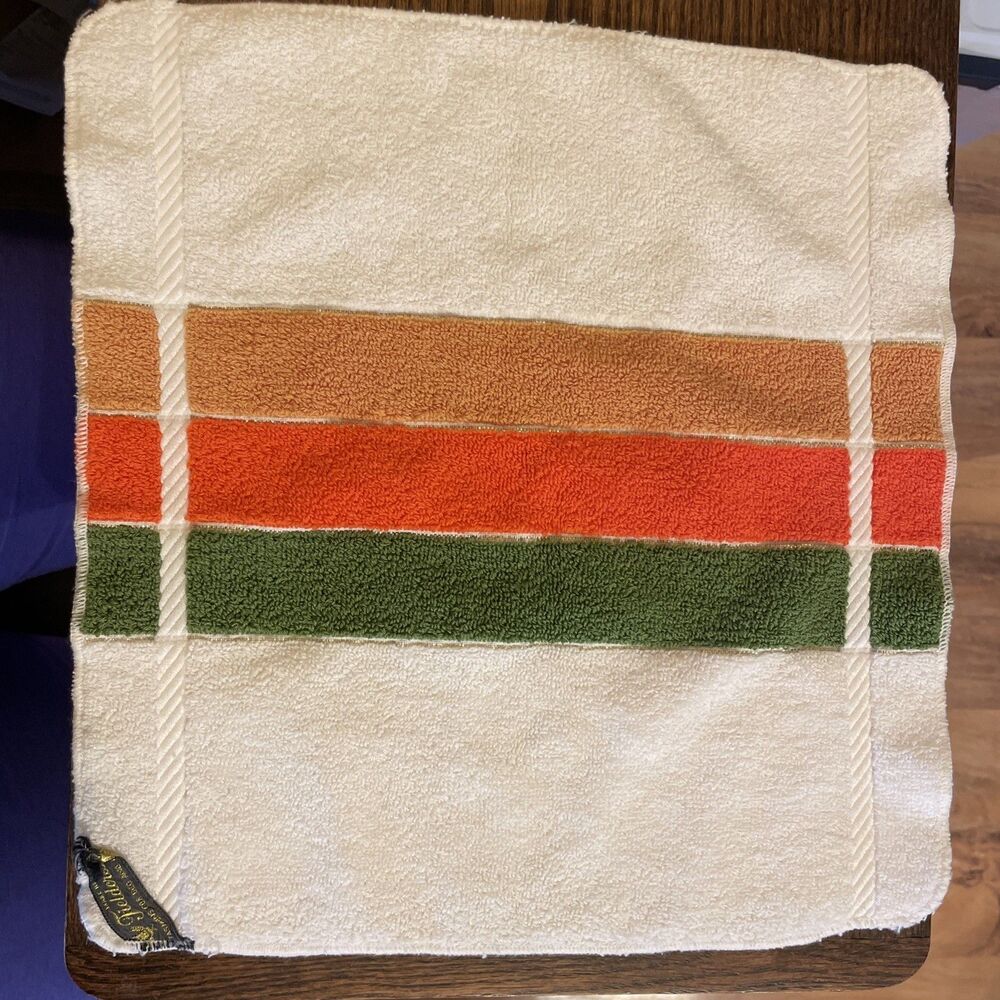 Vintage Fieldcrest Bar Stripe Orange Green Gold Wash Cloth ca 1960s